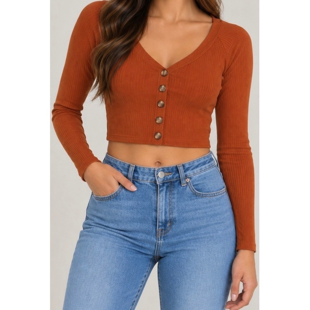 Orange Ribbed Crop Top Long Sleeve V-Neck Button Front Top Size-M